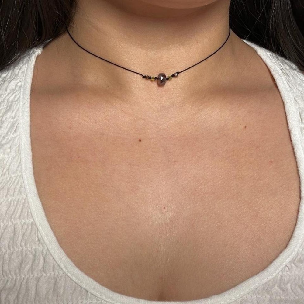 Handmade Amber Crystal Bicone Choker Necklace Black Cord Boho Earthy Adjustable